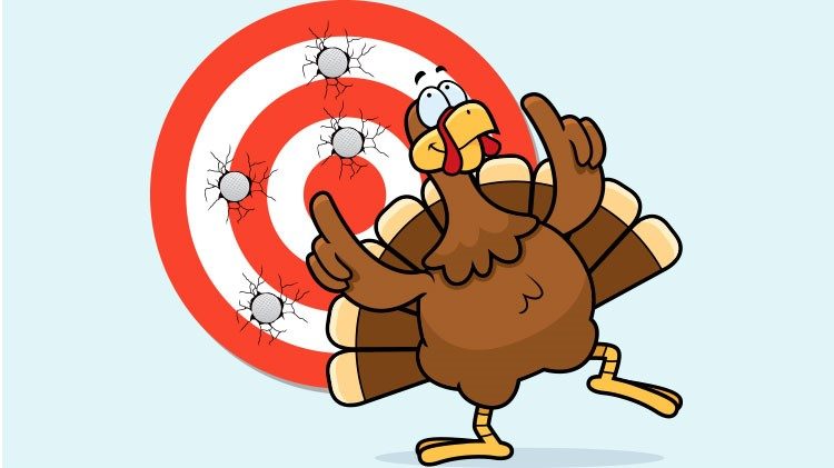 Cartoon turkey standing in front of a target, looking relieved